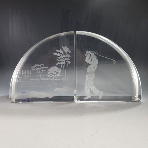 Lucite Bookends Wintrade of Beverly Hills CA Golfer Gift Golf Course Decor VTG - Picture 2 of 10